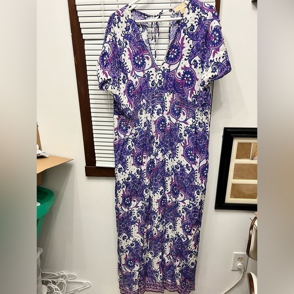 Michael Kors Dresses & Skirts - Michael Kors purple Blue Maxi Dress L Short Sleeve Stretch Career $234 NEW